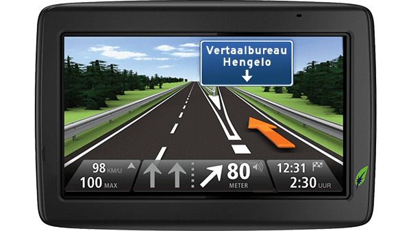 Vertaalbureau in Hengelo - Goed op weg met Vertaalbureau Dagnall Screenshot navigatiesysteem met tekst Vertaalbureau Hengelo aangegeven - in kleur op transparante achtergrond - 600 * 337 pixels